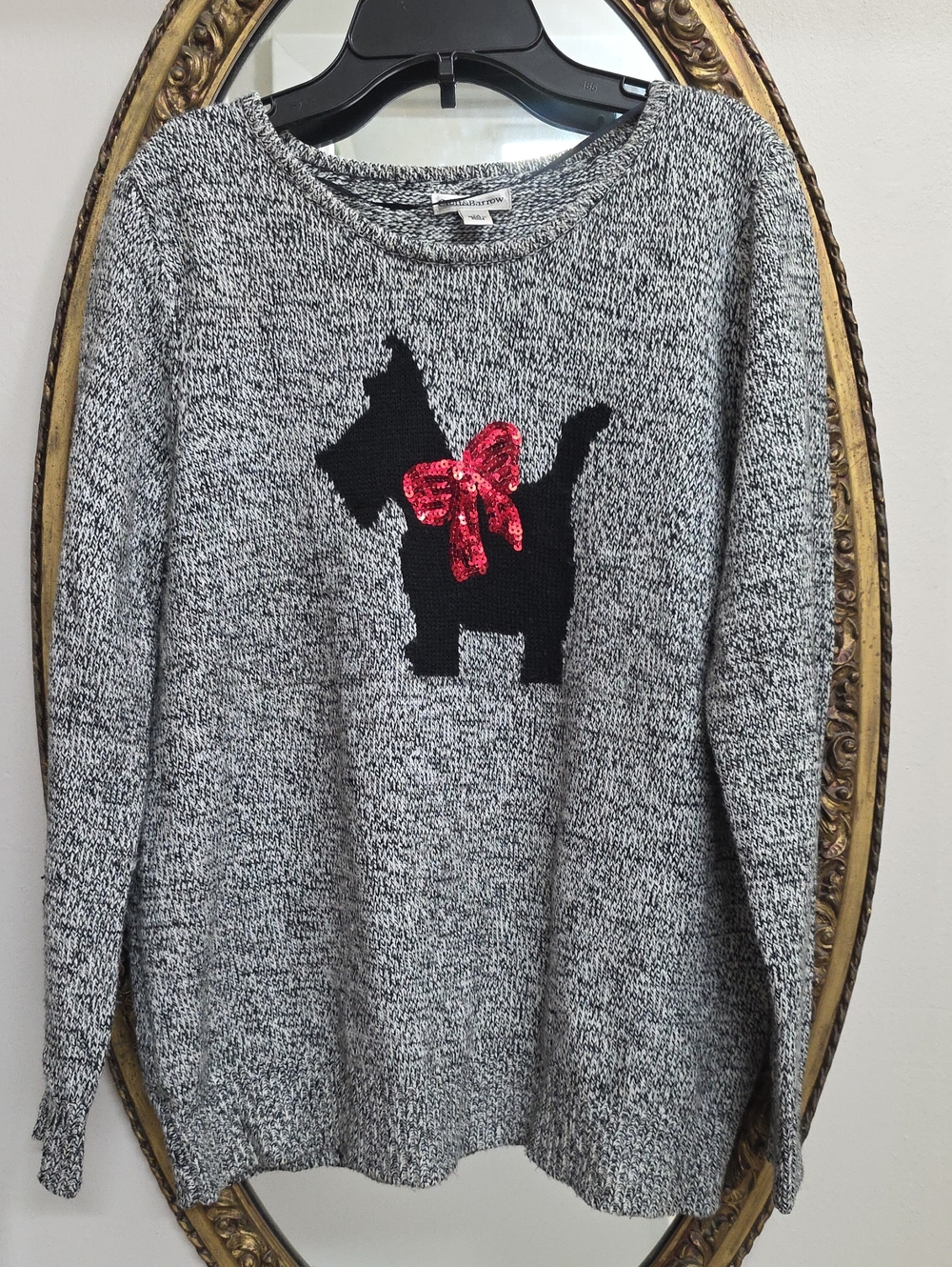 Croft & Barrow Gray Marled Sweater with Black Scottie and Red Sequin Bow Size M